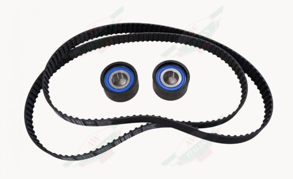 black rubber belts around two round blue bearings on white background