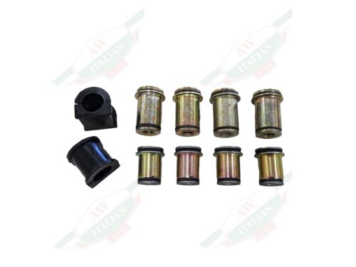 8 gold metal bearing and two black rubber bushings on white background