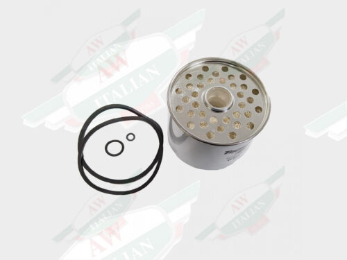 white metal cylindrical oil filter and black rubber bands on white background
