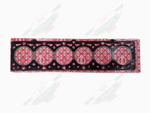 black and red rectangular engine gasket on white background