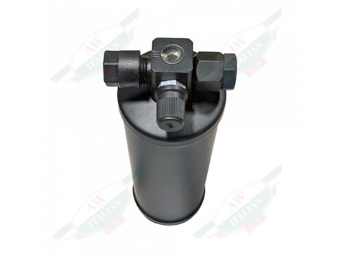 black metal cylinder with threaded fittings on top