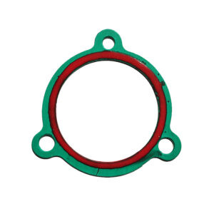 green and red circular gasket with 3 holes