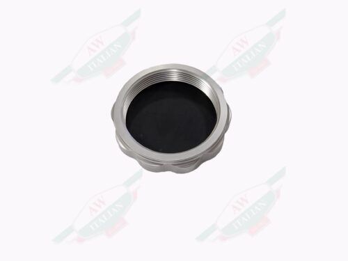 grey and black round gas cap on white background