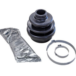 black rubber boot with metal round clamps and grey grease pack