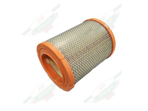 orange and silver cylindrical filter on white background