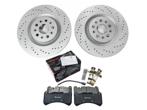maserati brake pads black with red brembo box and metal discs with holes