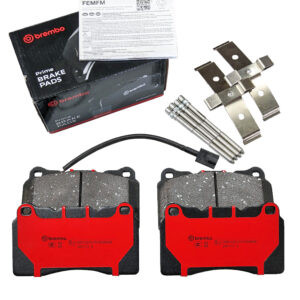 red brake pads with wire and metal clips and black brembo box