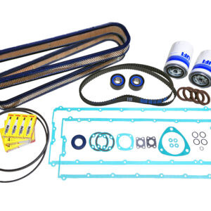 major 30k service kit air filters green gaskets timing belts on white background