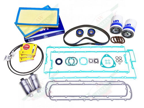 major 30k service kit air filters green gaskets timing belts on white background