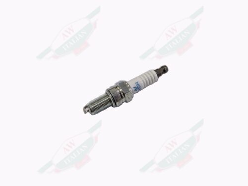grey and white spark plug laying on its side on white background