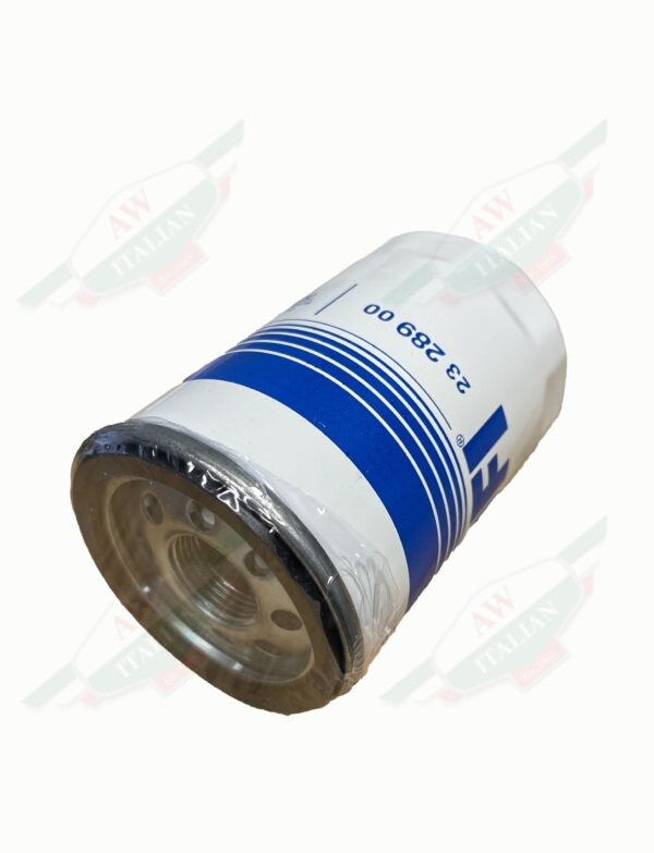 white and blue metal cylinder laying on its side on a white background