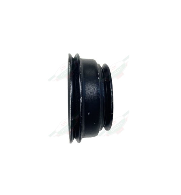 circular black metal pulley on white background