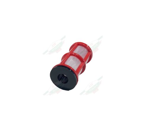 red and black cylindrical filter on white background