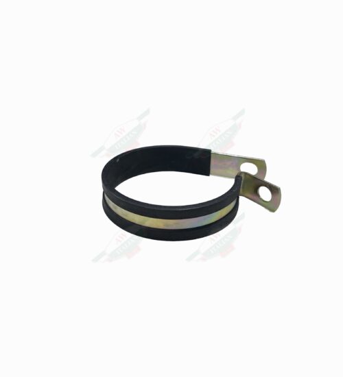 Silver clamp with black rubber coating on white background