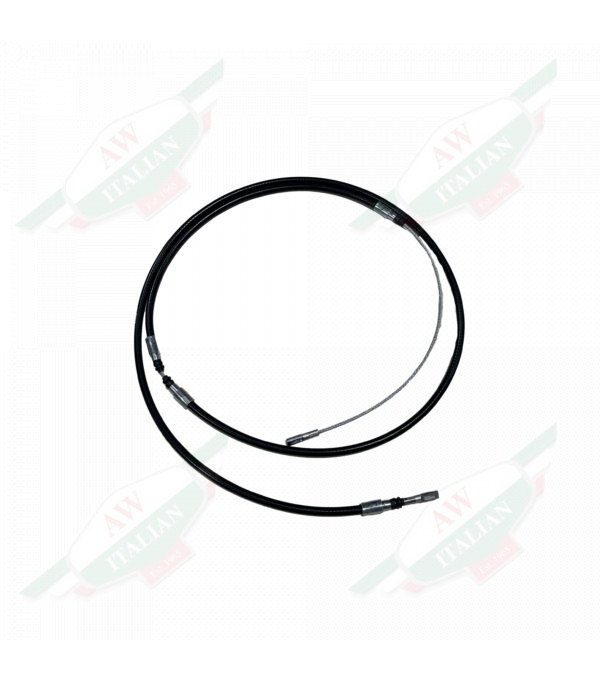 Metal cable with black rubber coating on white background
