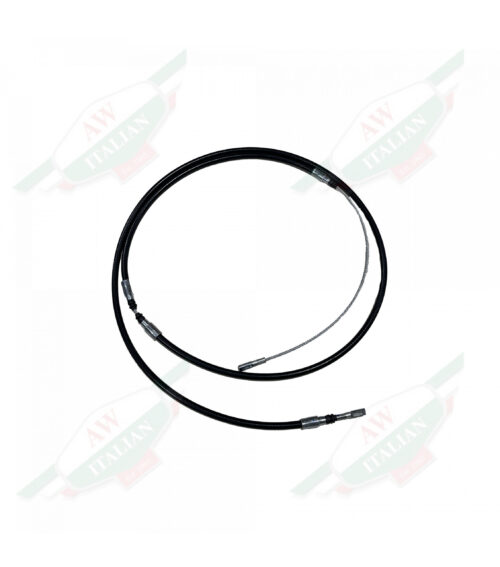 Metal cable with black rubber coating on white background