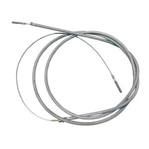 Metal cable with grey rubber coating on white background