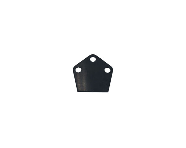 Pentagon shaped black object with 3 holes on white background