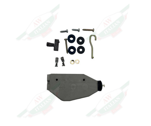 Grey object with screws, rubber washer and other objects on white background
