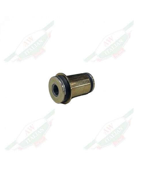 Gold metal cylinder laying on its side on white background