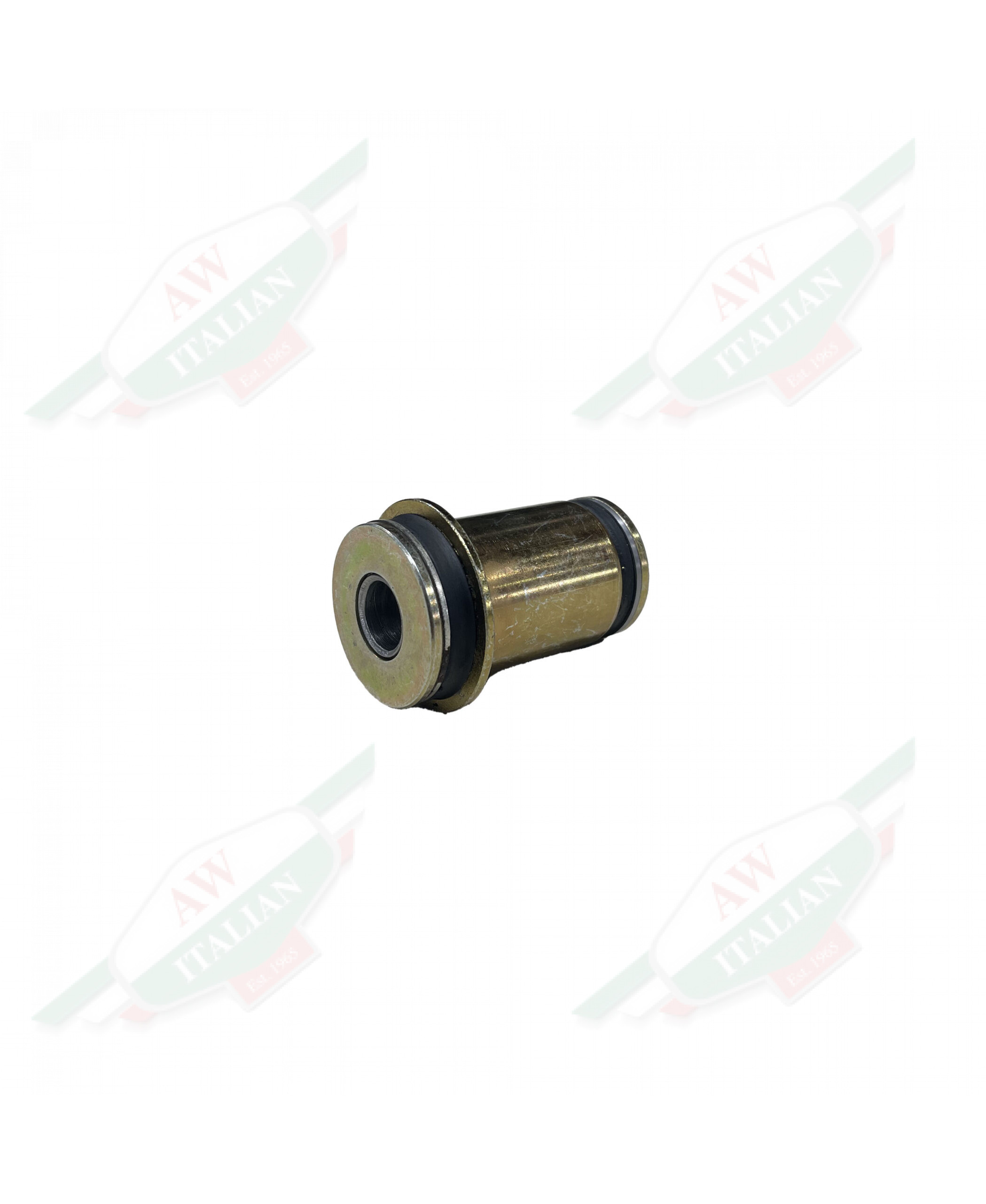 Gold metal cylinder laying on its side on white background