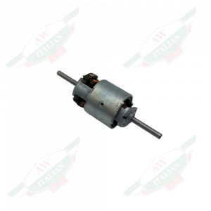 Grey metal cylinder with rod sticking out on each end on white background