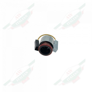 Black plastic cylinder wrapped in silver metal sleeve on white background