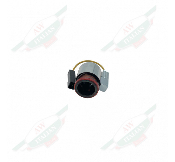 Black plastic cylinder wrapped in silver metal sleeve on white background