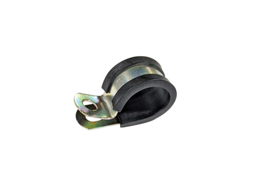 Silver metal clamp with black rubber coating on white background