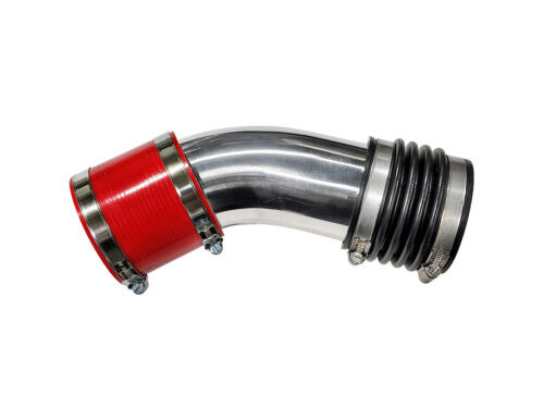 curved aluminum pipe with red and black rubber hoses
