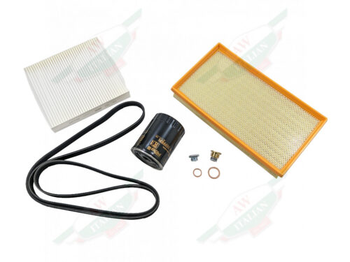 air oil cabin filters with black accessory belt and drain plugs