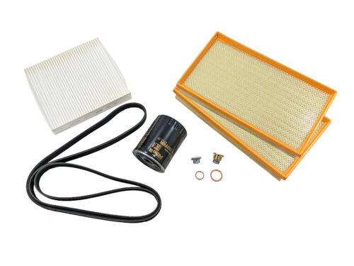 air oil cabin filters with black accessory belt and drain plugs