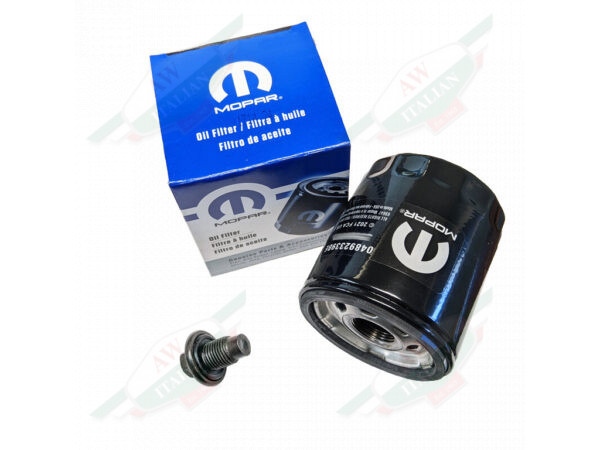 oil filter black mopar with blue box and drain plug bolt