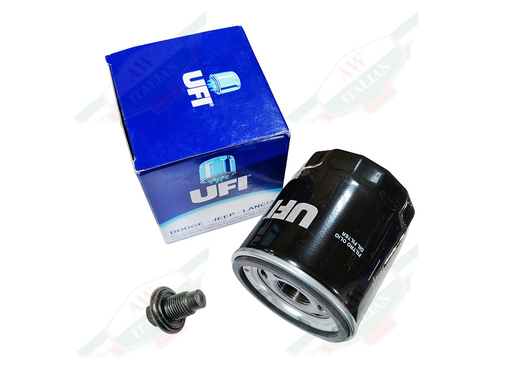 oil filter black UFI with blue box and drain plug bolt