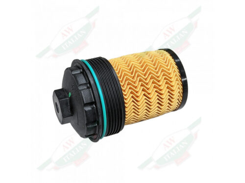 yellow oil filter with black plastic cap and green o-ring