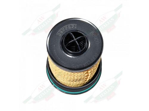 yellow oil filter with black plastic cap and green o-ring