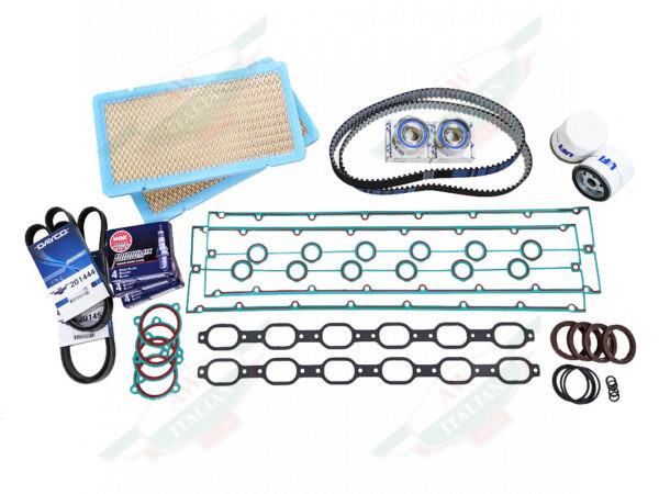 ferrari 575 major 30k service kit air filters green gaskets timing belts on white background