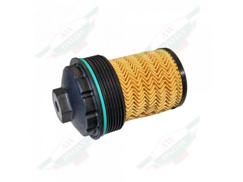 yellow paper oil filter with black plastic cap and green o-ring