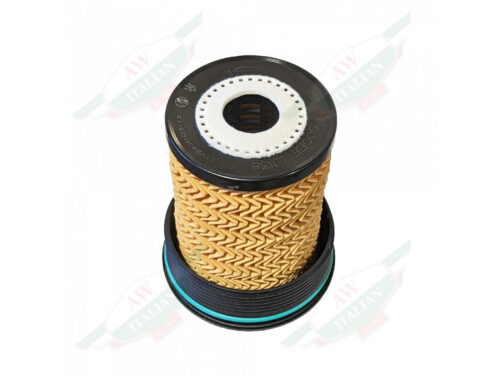 yellow paper oil filter with black plastic cap and green o-ring