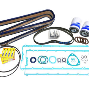 major 30k service kit air filters green gaskets timing belts on white background
