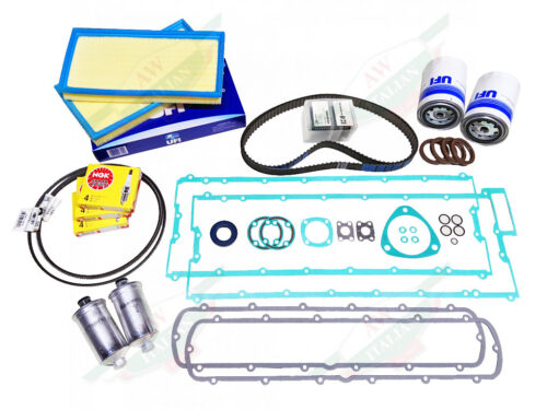 major 30k service kit air filters green gaskets timing belts on white background