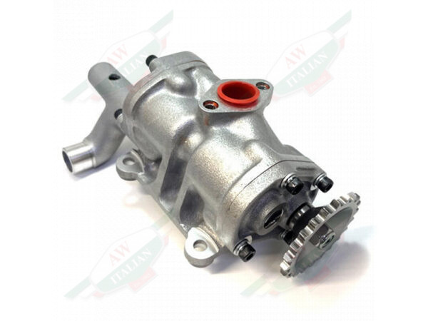 silver metal oil pump with gear on front