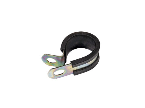 Silver metal clamp with black rubber coating on white background