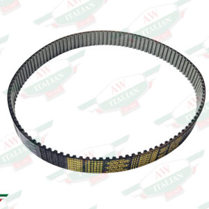 black circular belt with teeth and yellow writing on side