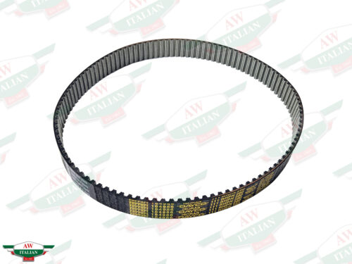 black circular belt with teeth and yellow writing on side