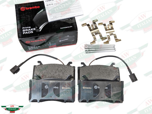 brake pads with 2 wires and metal clips and black brembo box
