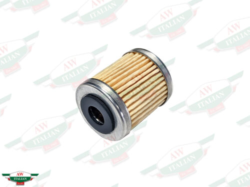 cylindrical filter with metal ends and yellow pleated paper center