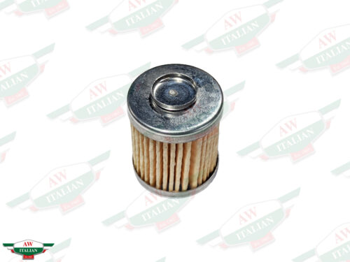 cylindrical filter with metal ends and yellow pleated paper center