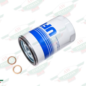 white and blue UFI oil filter with 2 copper washers