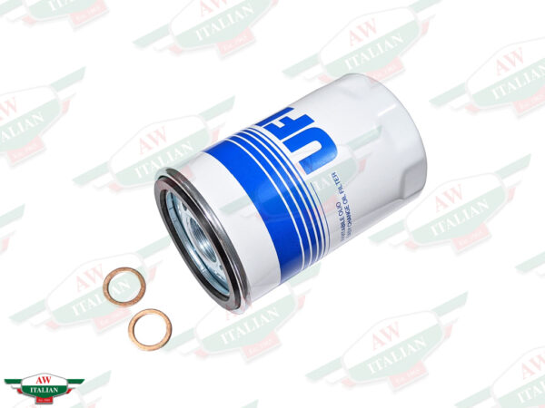 white and blue UFI oil filter with 2 copper washers